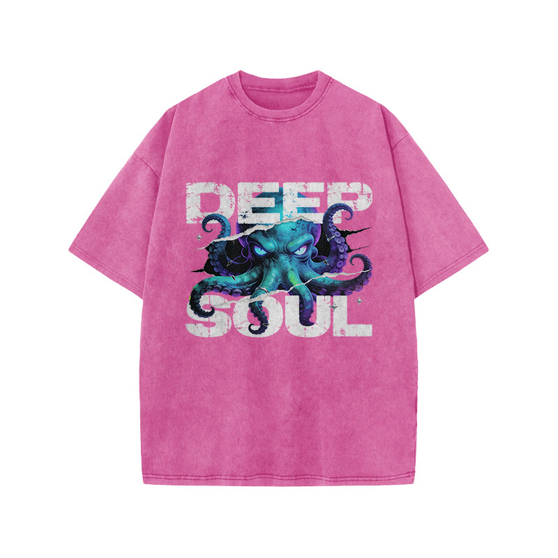 Deep Soul Octopus Print Acid Washed T-shirt - Pink - US20-22(3XL) - image 7