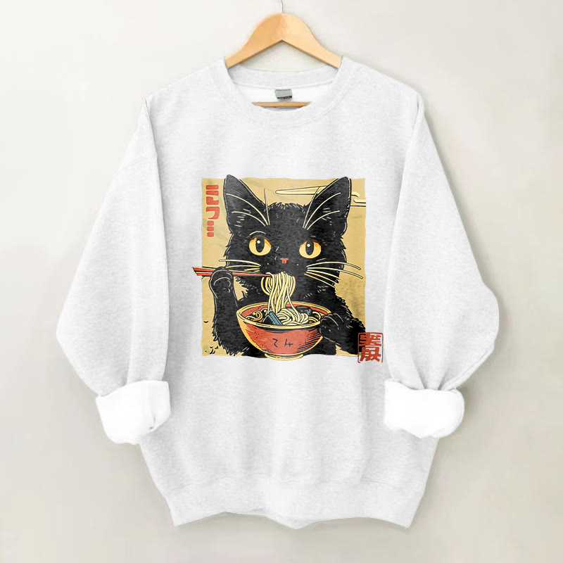 100% Cotton Japanese Ramen Cat Print Crew Neck Sweatshirt - White - 2XL - image 2