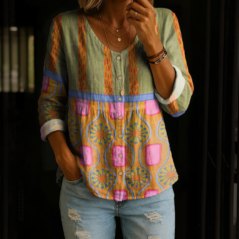 Colorful Geometric Floral Print Button V-neck A-line Long Sleeve Blouse - Green - 4XL - image 1