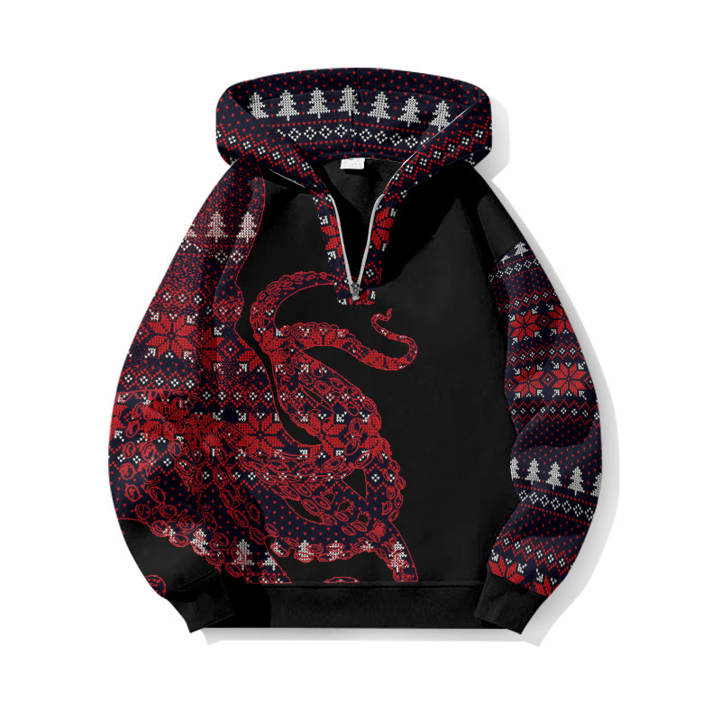 Christmas Snowflake Faux Knit Pattern Patchwork Japanese Art Octopus Print Half Zip Hoodie - Black - US32-34(5XL) - image 4