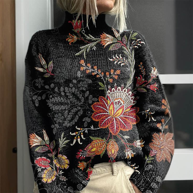 Women's Ethnic Floral Art Print Turtleneck Pullover Sweater - image 2