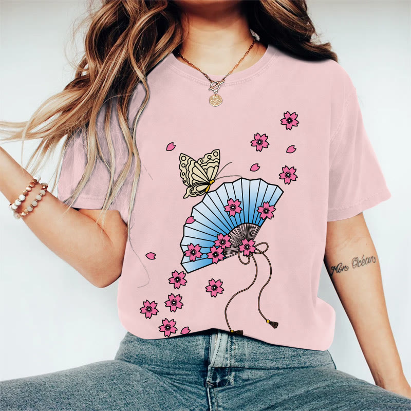100% Cotton Women's Japanese Style Butterfly Floral Fan Art Print Casual T-shirt - Pink - 2XL - image 4