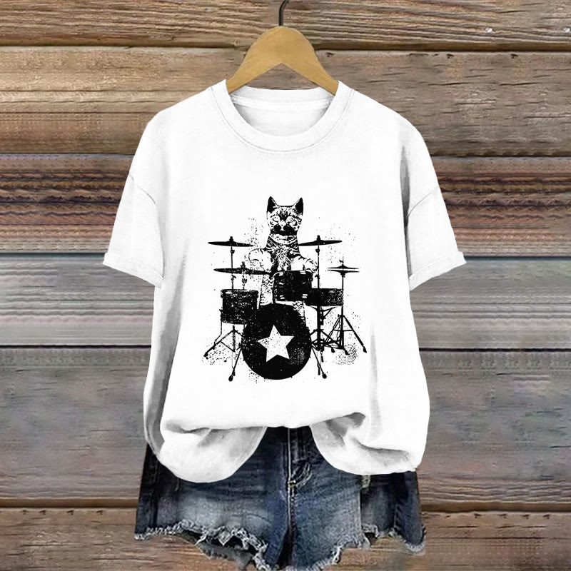 100% Cotton Vintage Rockstar Kitty Beats Drums Printed T-shirt - White - 2XL - image 2