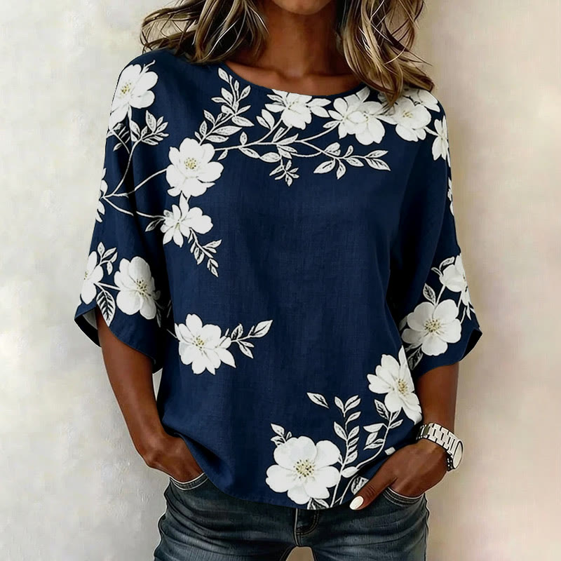 Vintage Floral Branch Print 3/4 Sleeve Casual Blouse - Navy Blue - 4XL - image 4