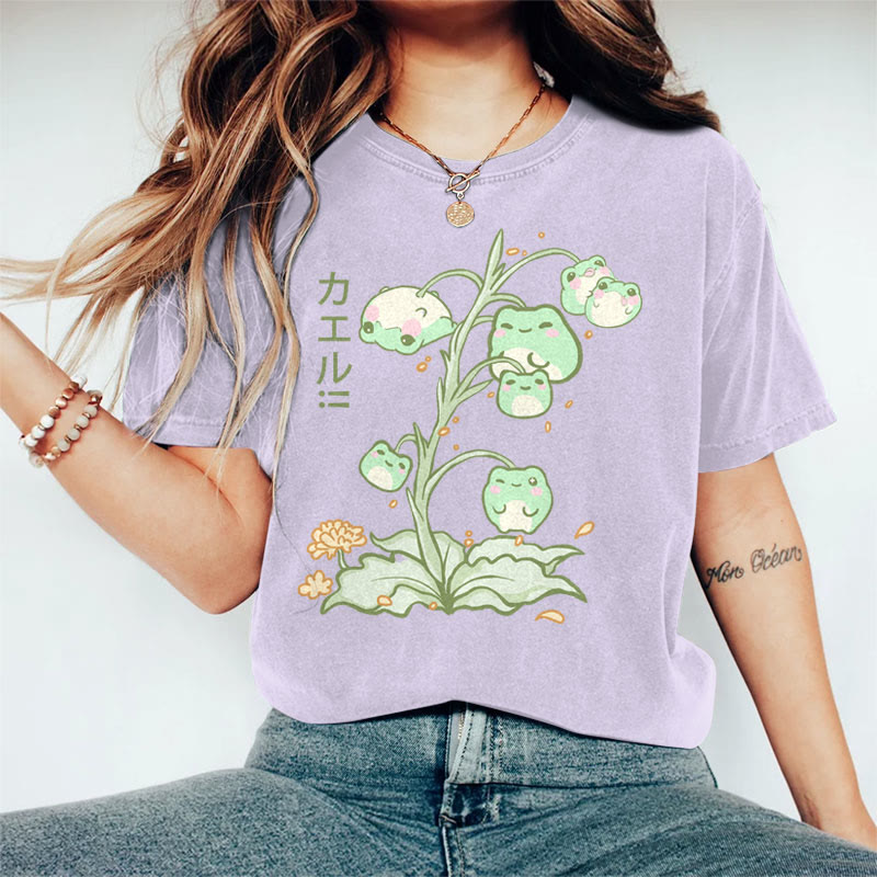 100% Cotton Women's Japanese Lovely Cat Plant Art Print Casual T-shirt - Purple - 2XL - image 4