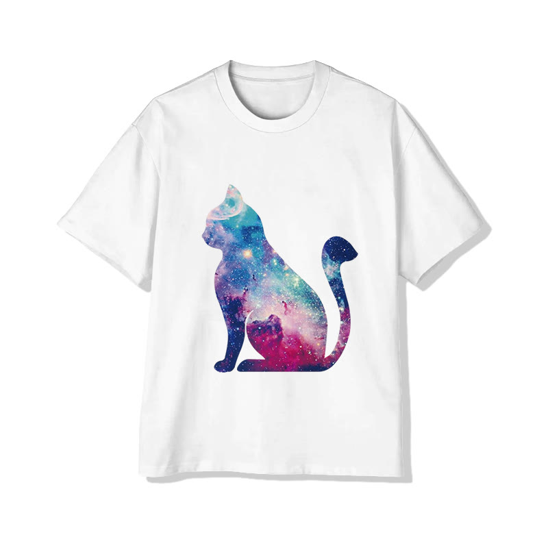 Unisex Brilliant Starry Sky Cat Print Short Sleeved Crew Neck T-shirt - White - 2XL - image 3