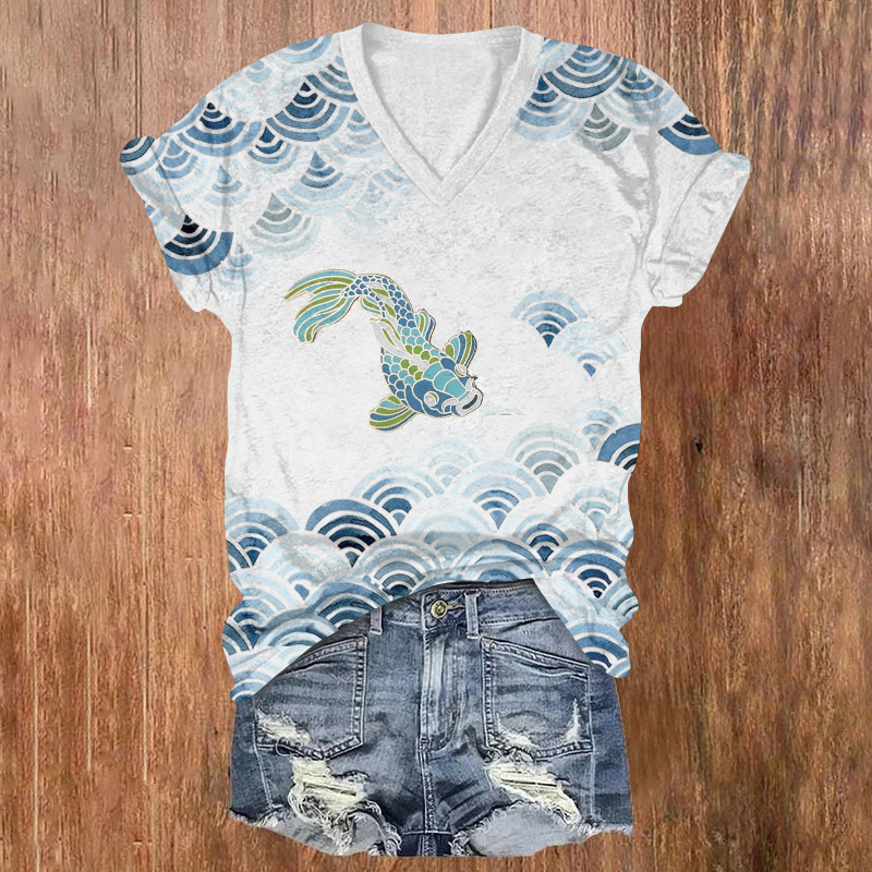 Subtle Japanese-style Gradient: Waves And Fish Printed Short Sleeved V-neck T-shirt - Light Blue - US32-34(5XL) - image 1