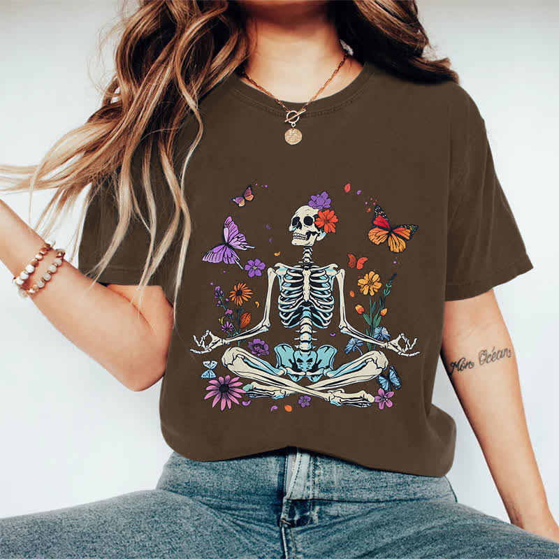 100% Cotton Women's Halloween Skeleton Man Surrounded By Flower & Butterfly Art Print Casual T-shirt - Coffee - 2XL - image 6