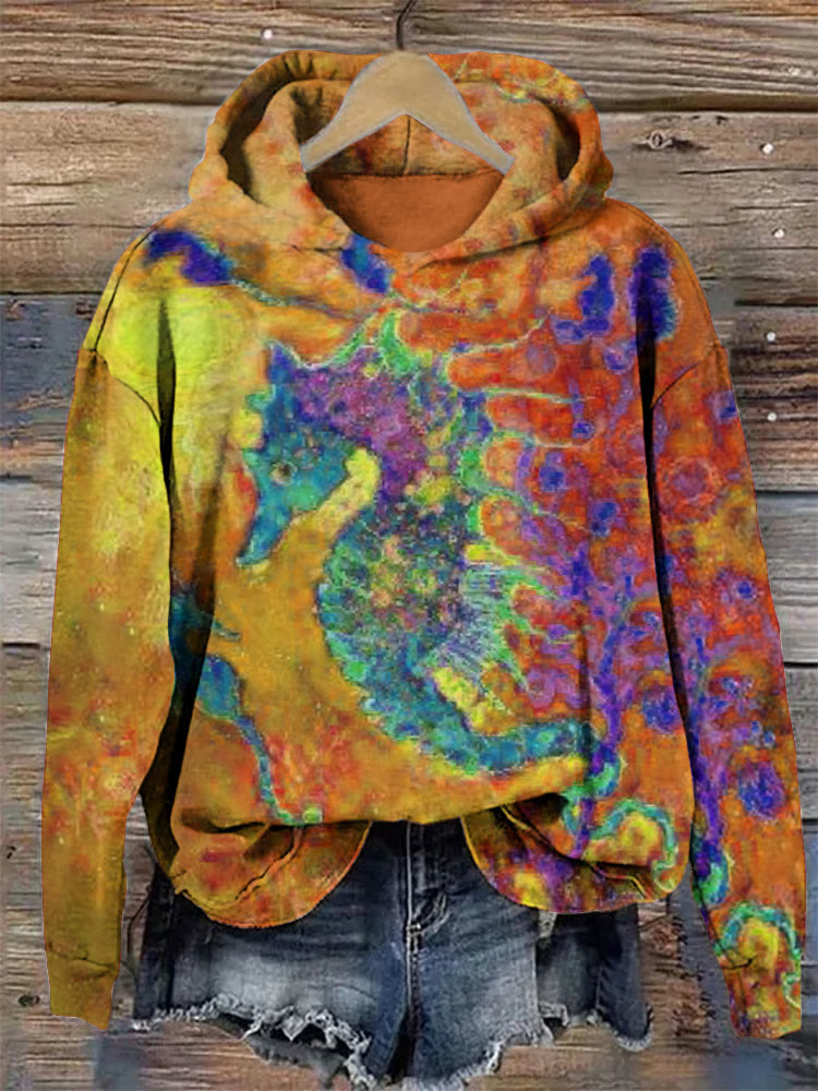 Contrast Color Seahorse Oil Painting Print Hoodie - Yellow - 8XL - image 3