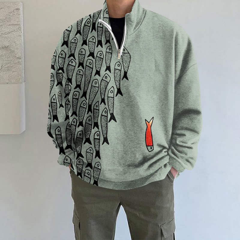 Cute Simple Lines Abstract Geometric Fish Art Print Long Sleeve Zipper Sweatshirt - Light Green - 5XL - image 3