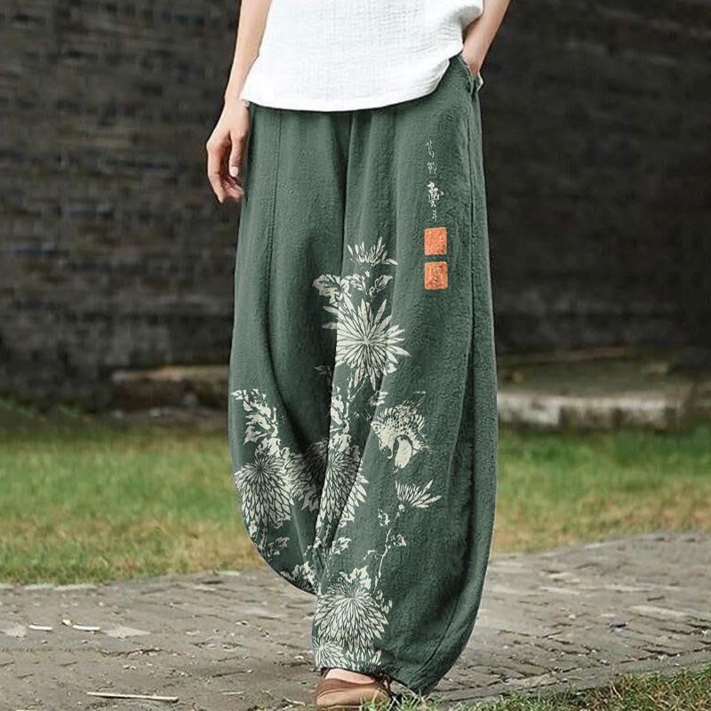 Vintage Chrysanthemum Print Casual Pants - Green - 5XL - image 3