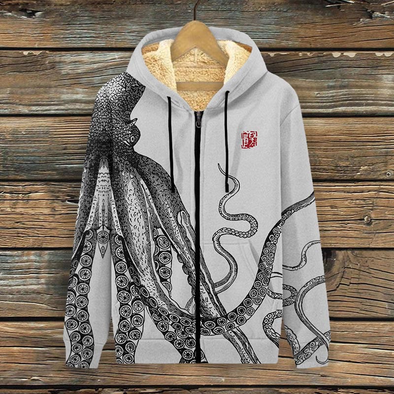 Japanese Art Octopus And Crab Print Fleece Jacket - Grey - 4XL - image 3
