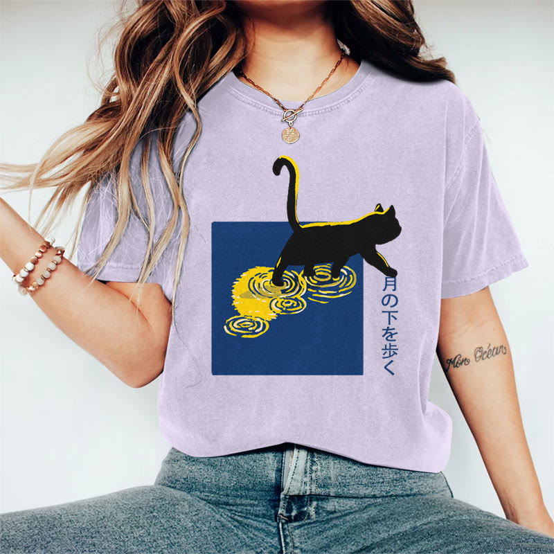 100% Cotton Women's Japanese Lonely Walking Black Cat Art Print Casual T-shirt - Purple - 2XL - image 2