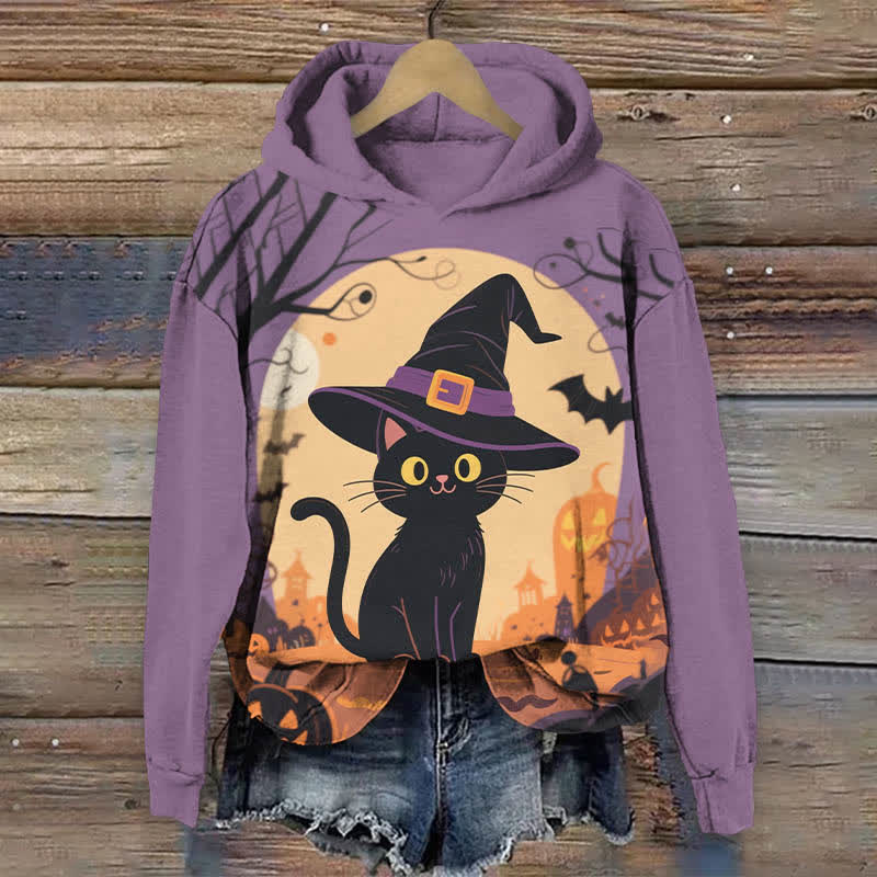 Halloween Lovely Wizard Black Cat Print Long Sleeve Hoodie - Purple - US44-46(8XL) - image 3