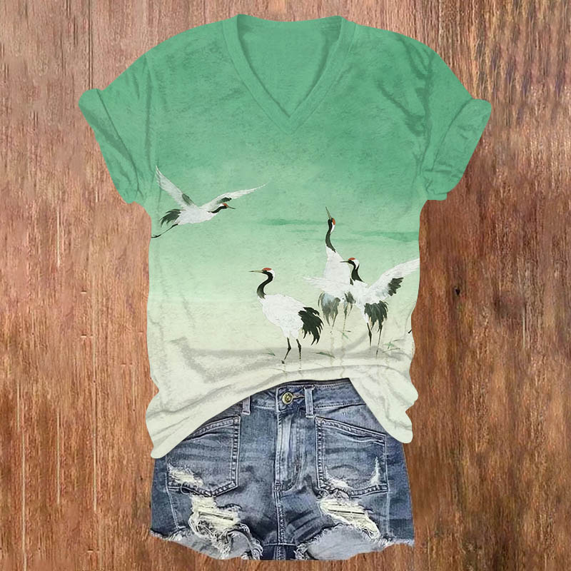 Japanese Ombre Flock Of White Cranes Print V-neck T-shirt - Green - US32-34(5XL) - image 3