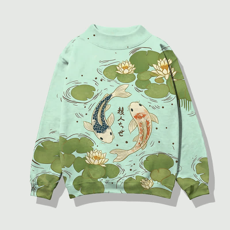 Japanese Koi In The Lotus Pond Pattern Print Mock Neck Sweatshirt - Light Green - 4XL - image 4
