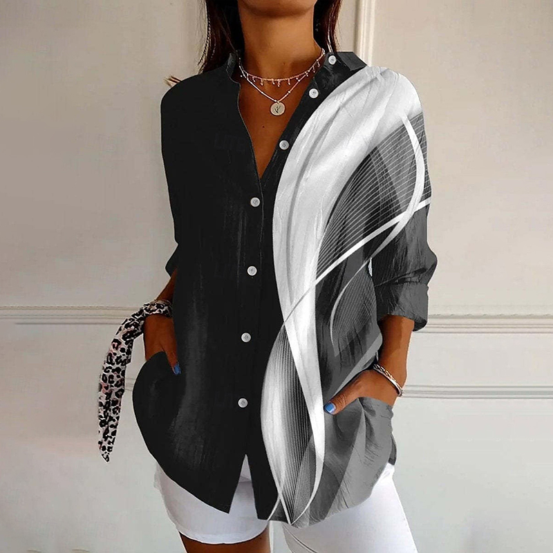 Minimalist Contrasting Lines Pattern Print Long Sleeve Blouse - Black - 4XL - image 1