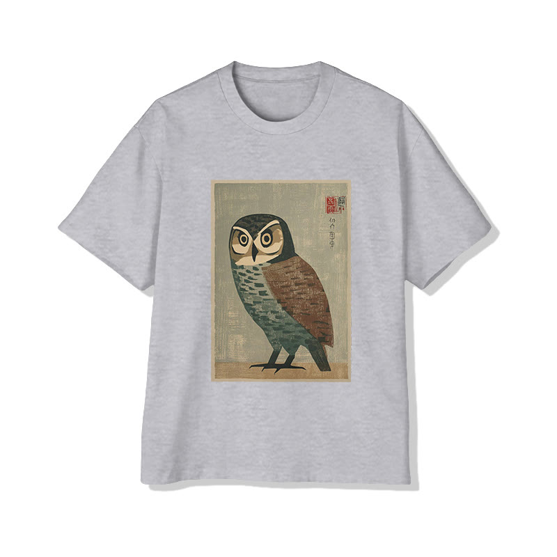 Retro Japanese Owl Art Print Short Sleeved Crew Neck T-shirt - Grey - 2XL - image 4