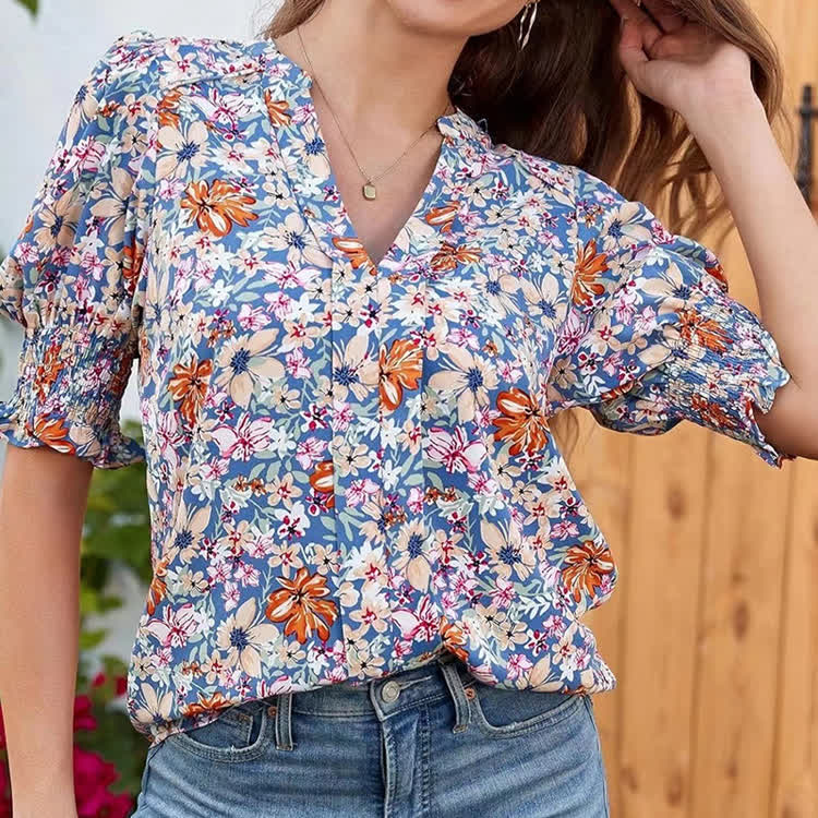 Elegant Floral Print V-neck Ruffled Puff Sleeves Blouse - image 4