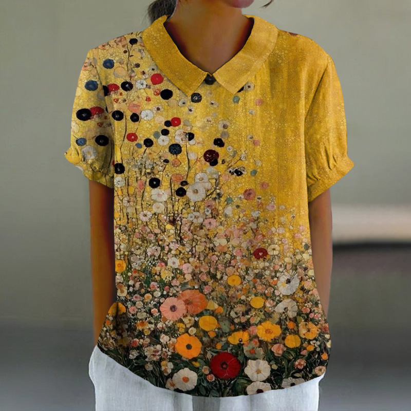 Rosebushes Under The Trees Art Print Casual Lapel Loose Blouse - Yellow - 6XL - image 1