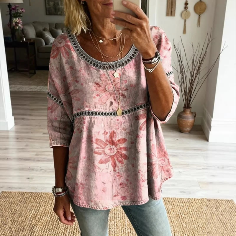 Boho Hippie Floral Print Openwork Lace Splicing Round Neck Half Sleeve Blouse - Light Pink - 4XL - image 6
