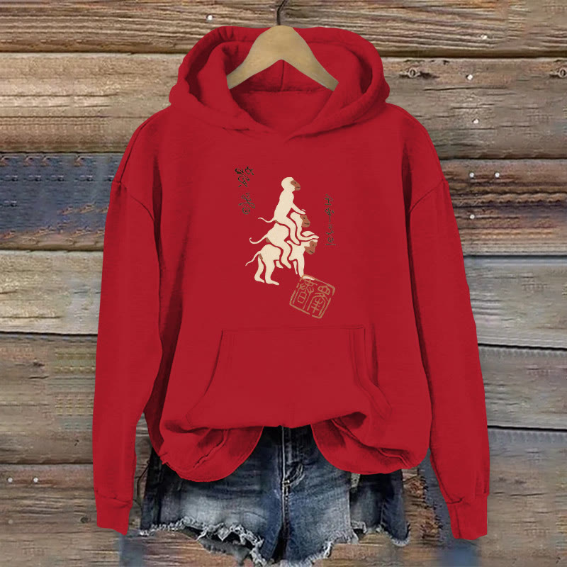 100% Cotton Japanese Art Vintage Monkey Print Women's Hoodie - Red - 2XL - image 7