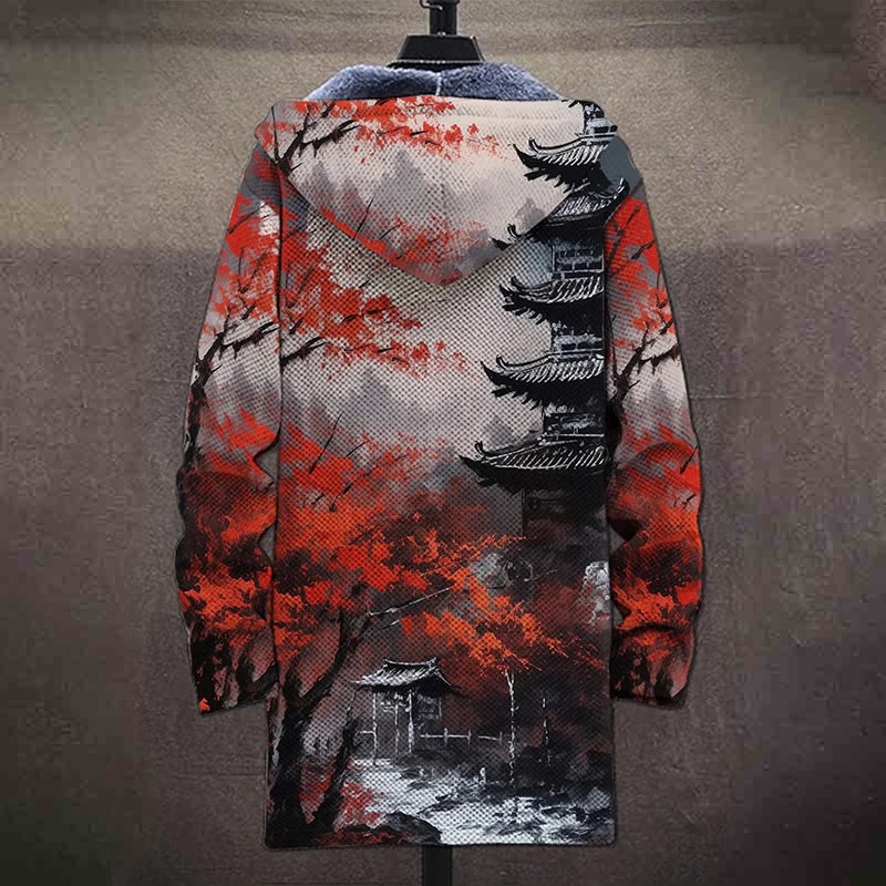 Ukiyoe Red Forest And Antique Tower Print Unisex Plush Thick Long-sleeved Fleece Jacket Coat - image 4