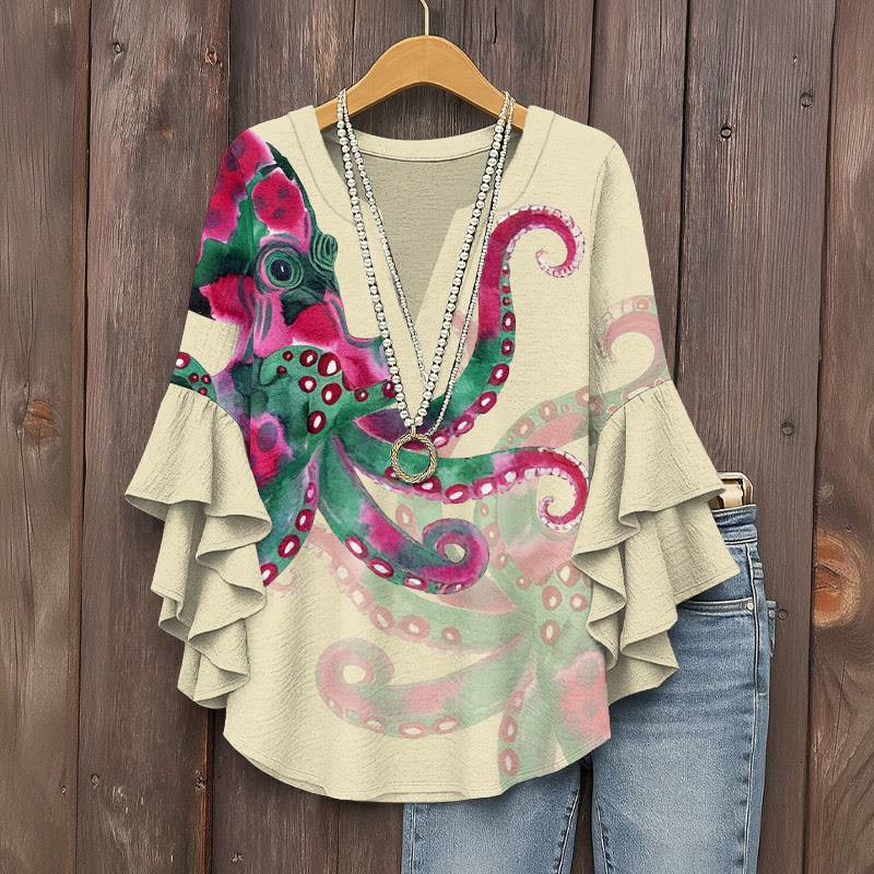 Watercolor Art Octopus Pattern Print V-neck Half Sleeve Blouse - Apricot - 5XL - image 3
