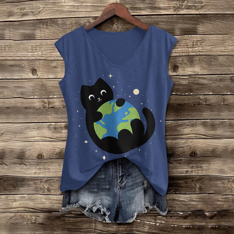 Women's Funny Cat Holding The Earth Art Print V-neck Tank Top - Dark Blue - 5XL - image 2