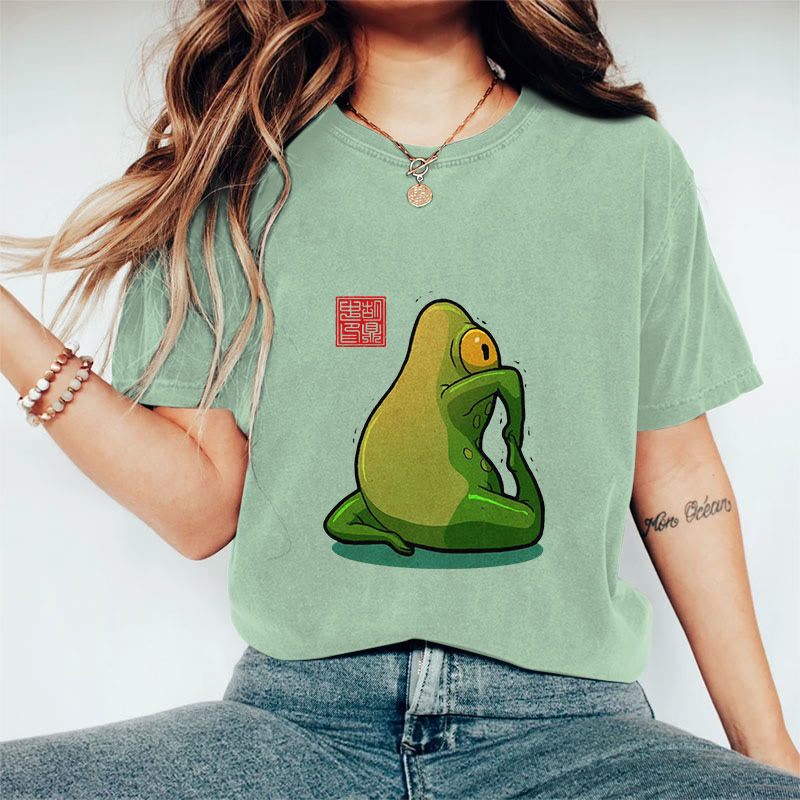 100% Cotton Funny Frog Yoga Art Print Casual T-shirt - Light Green - 2XL - image 8