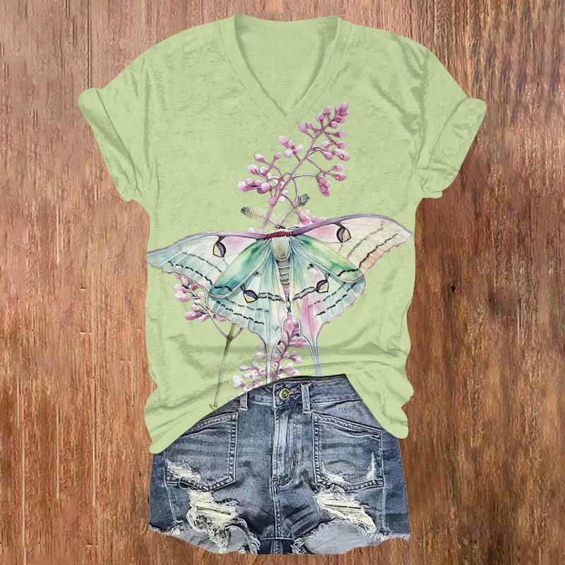 Fantasy Watercolor Butterfly Art Print V-neck T-shirt - Green - US32-34(5XL) - image 5