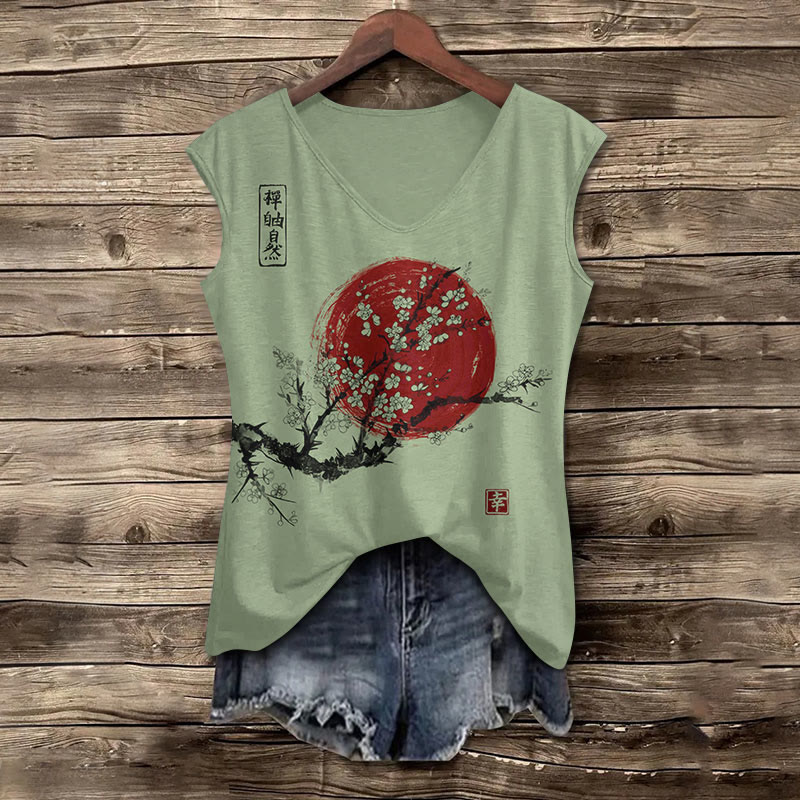 Women's Sunrise Japanese Art Print V-neck Tank Top - Green - 5XL - image 4