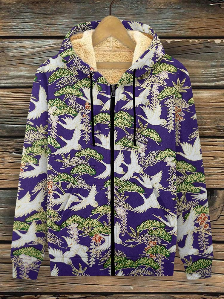 Japanese Pine And Crane Print Fleece Jacket