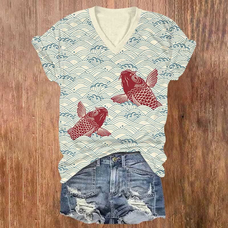 Japanese Red Koi Covered With Wave Patterns Print V-neck T-shirt - Light Blue - US32-34(5XL) - image 2