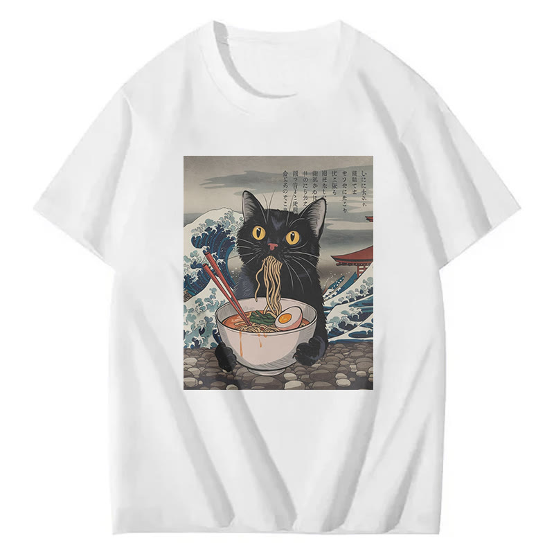 Ukiyo-E Black Cat Ramen Print Short Sleeved Crew Neck T-Shirt - White - 2XL - image 3