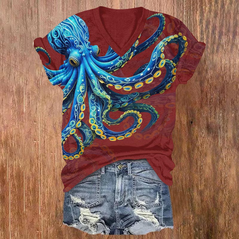 Japanese Oil Painting Octopus Print V-neck T-shirt - Red - US32-34(5XL) - image 4
