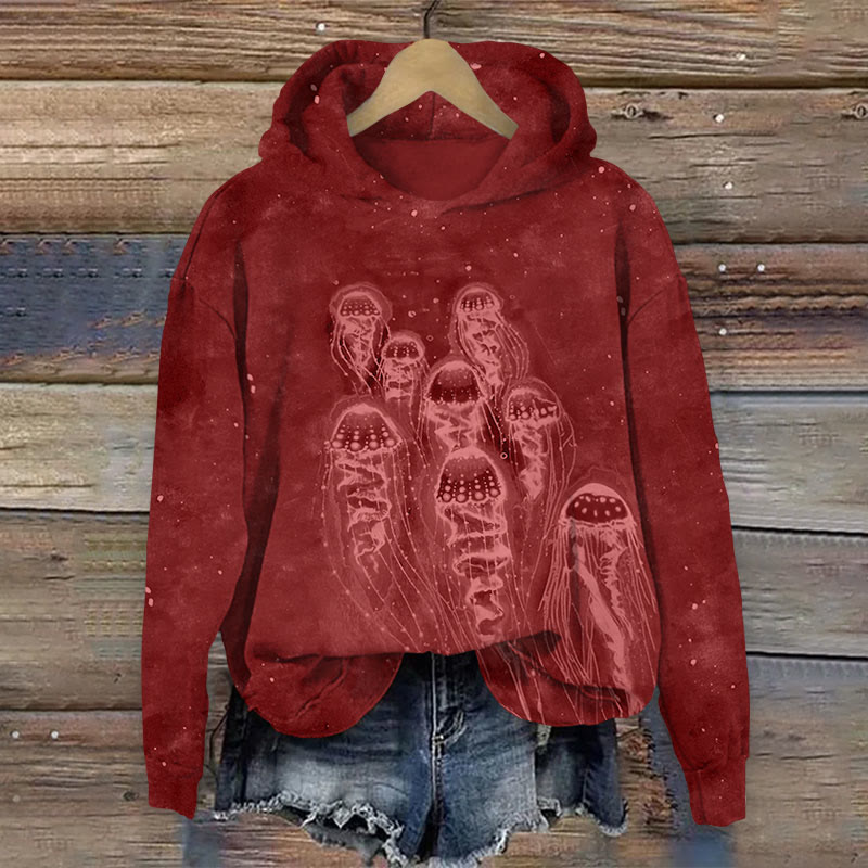 Ocean School Of Jellyfish Print Long Sleeve Hoodie - Red - US44-46(8XL) - image 4