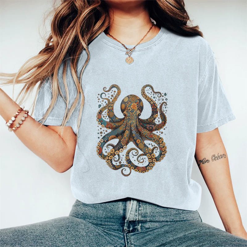 100% Cotton Vintage Flower Patterns Floral Octopus T-shirt - Blue - 2XL - image 8
