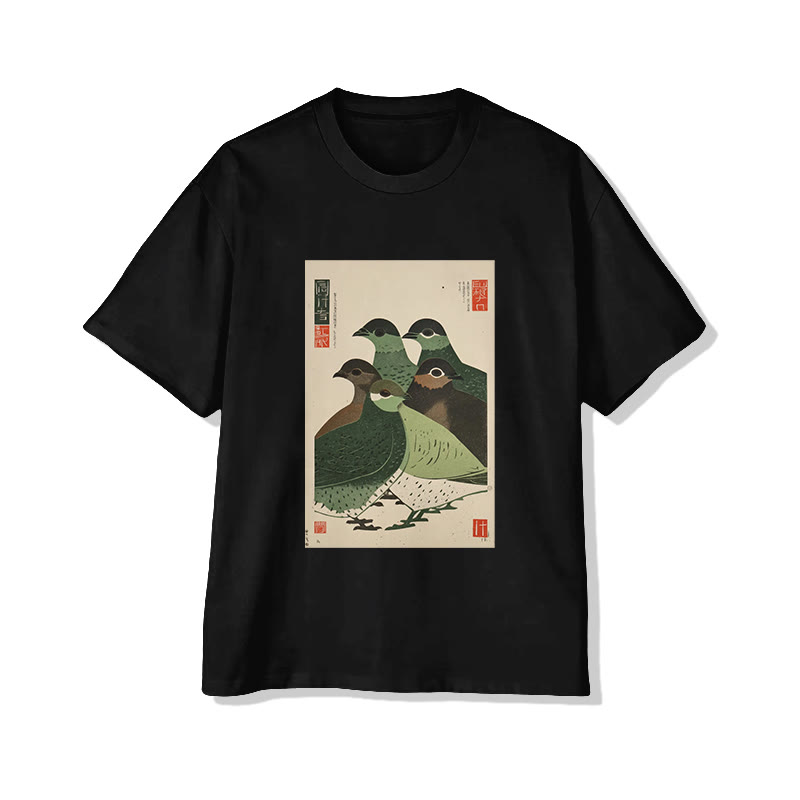 Unisex Japanese  Zen-inspired Birds  Art Pattern Cotton Print T-shirt - Black - US20-22(3XL) - image 3
