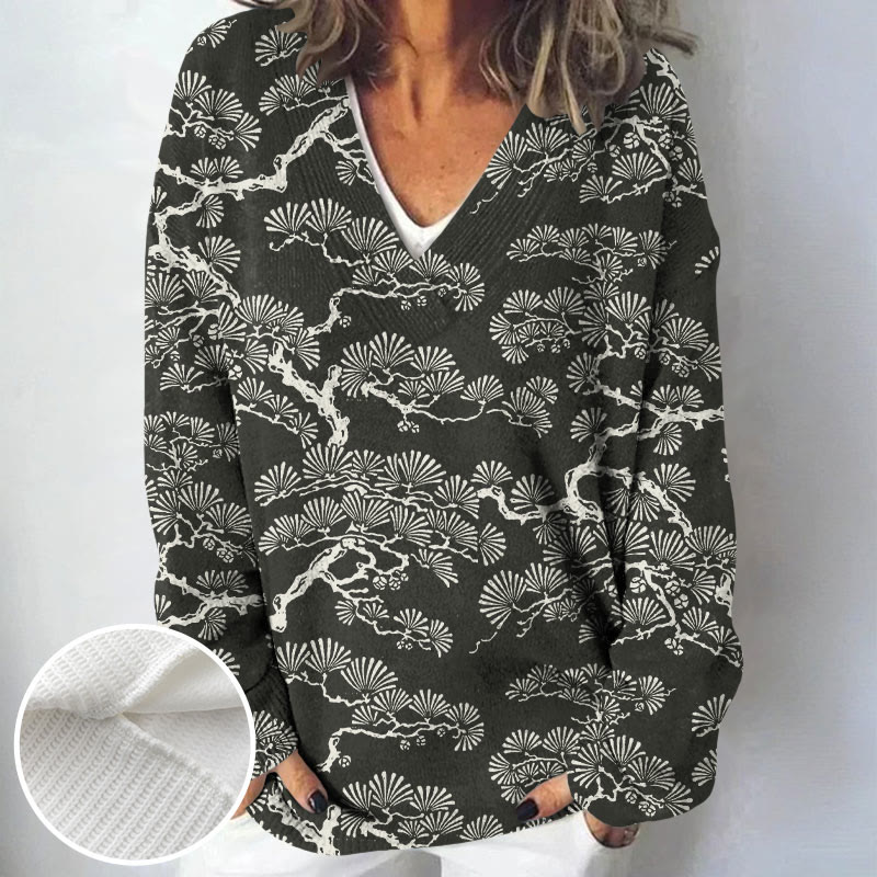 Women's Pine Trees Japanese Lino Art Print Causal V-neck Pullover Sweater - Grey - 4XL - image 3