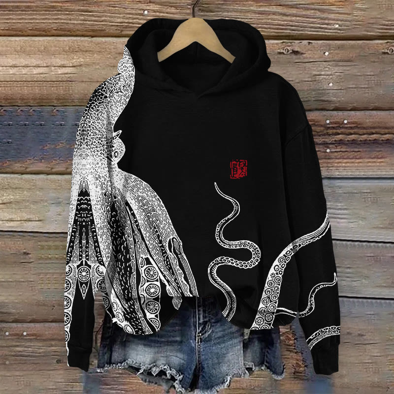 Japanese Art Octopus And Crab Print Long Sleeve Hoodie - Black - 8XL - image 5