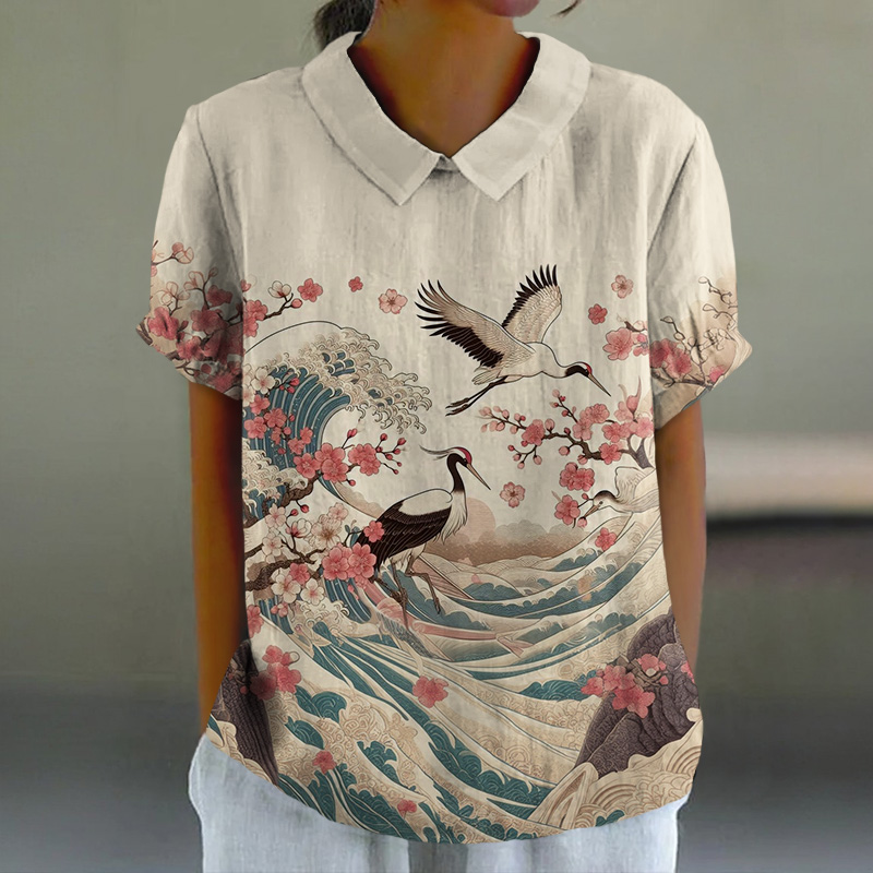 Japanese Sakura Ocean Wave White Crane Print Casual Lapel Loose Blouse - Beige - 6XL - image 1