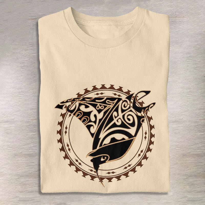 Unisex Tribal Manta Ray Graphic Print Short Sleeved Crew Neck T-shirt - Apricot - 2XL - image 3