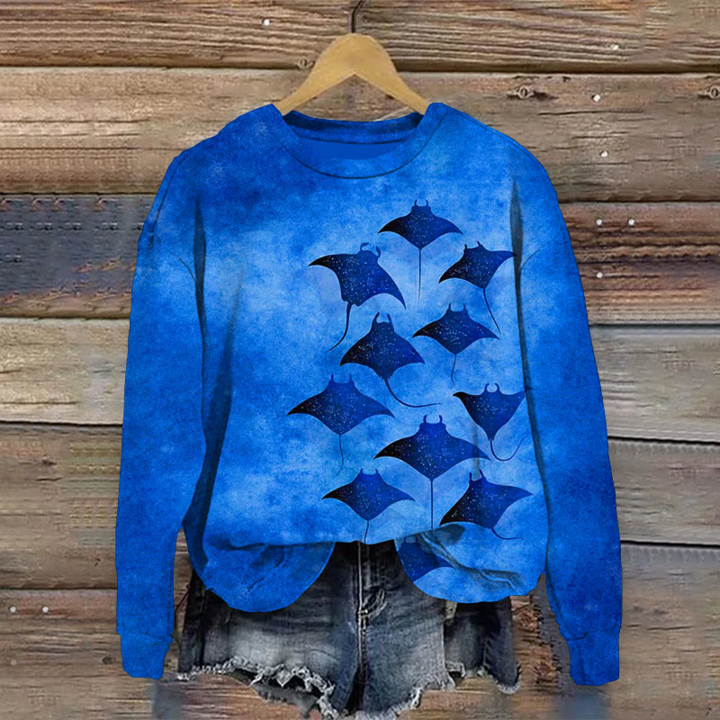 Vintage Manta Ray Art Print Causal Sweatshirt - Dark Blue - 5XL - image 5