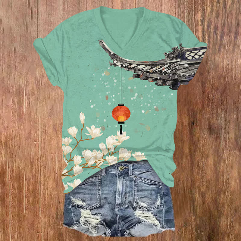 Japanese Blossom & Lantern Art Print V-neck T-shirt - Green - US32-34(5XL) - image 3