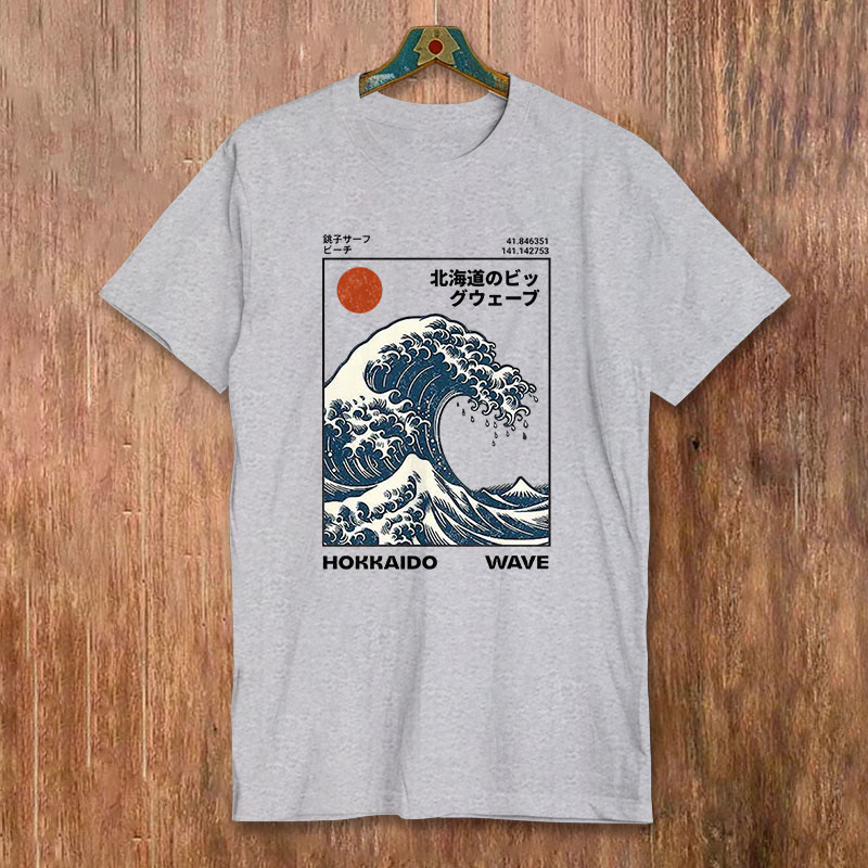 100% Cotton Hokkaido Wave Print T-shirt - Grey - 2XL - image 3