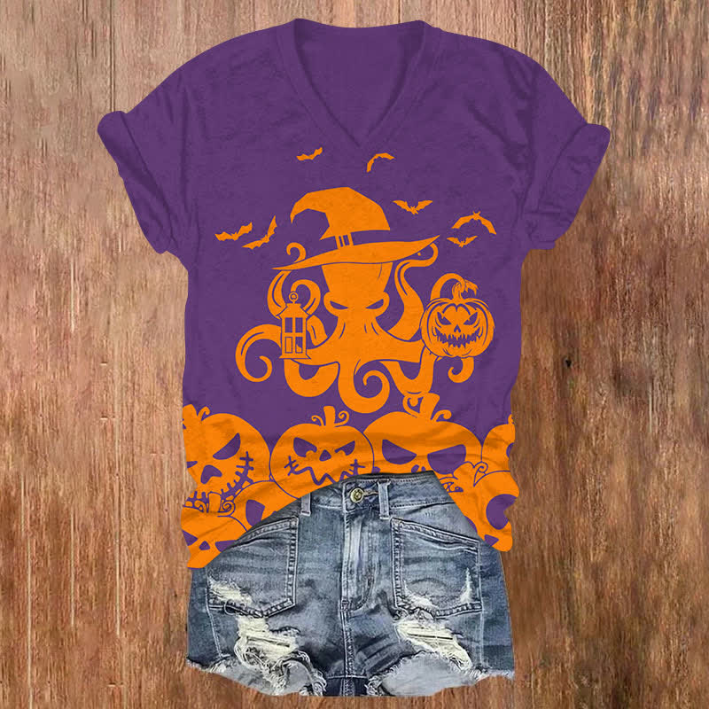 Halloween Creative Octopus Holding Jack-o'-lantern Art Print V-neck T-shirt - Purple - US32-34(5XL) - image 4