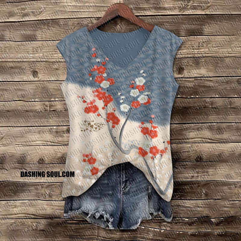Dashingsoul Japanese Art Cherry Blossom Print V-neck Tank Top