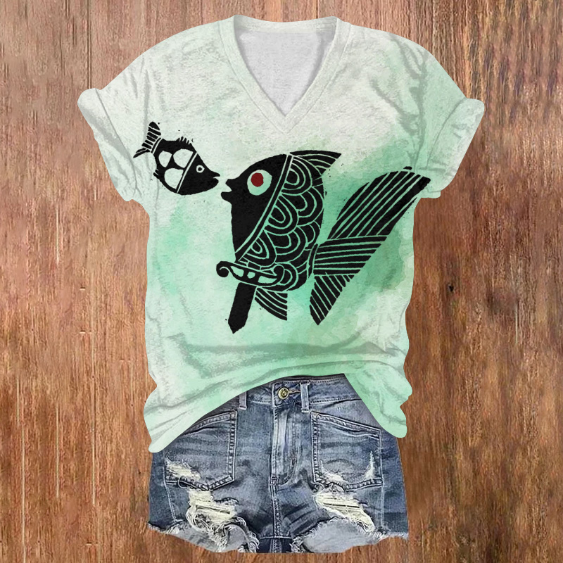 Japanese-style Two-way Abstract Minimalist Fish Printed Short Sleeved V-neck T-shirt - Green - US32-34(5XL) - image 1