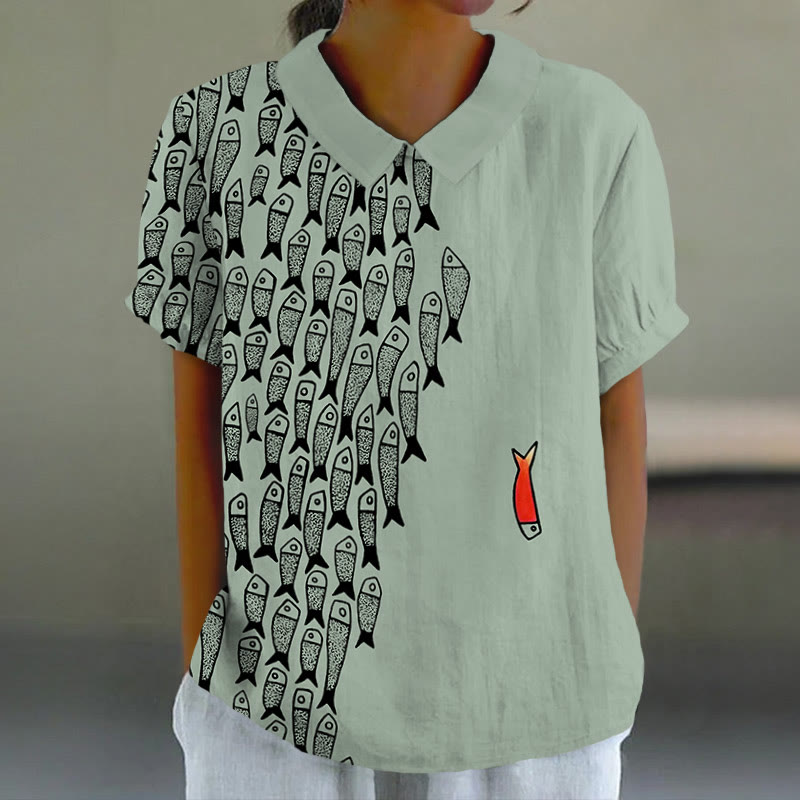 Cute Simple Lines Abstract Geometric Fish Art Print Casual Lapel Loose Blouse